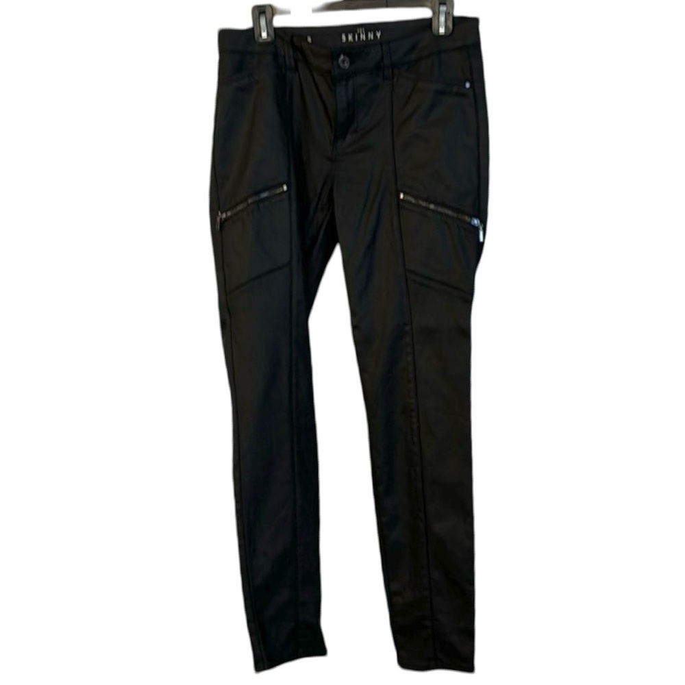 3355 White House Black Market Coated Black Moto Zip Skinny Jeans